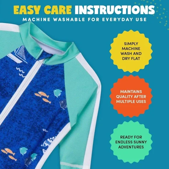 SwimZip Boys' Long-Sleeve UPF 50+ Swimsuit Blue and Green Rash Guard Size 6-12M